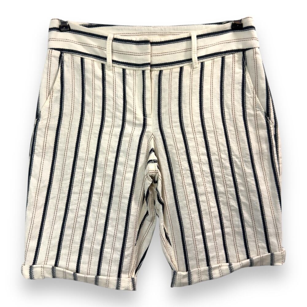 Linen Blend Striped Bermuda Shorts Cuffed 0 Preppy Coastal
